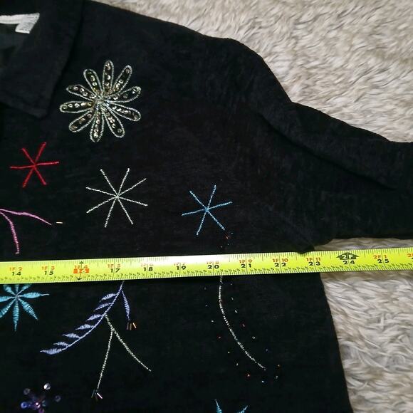 White Stag L 12/14 Black Button Front Jacket Embroidered Beaded Starburst Floral - Picture 6 of 9